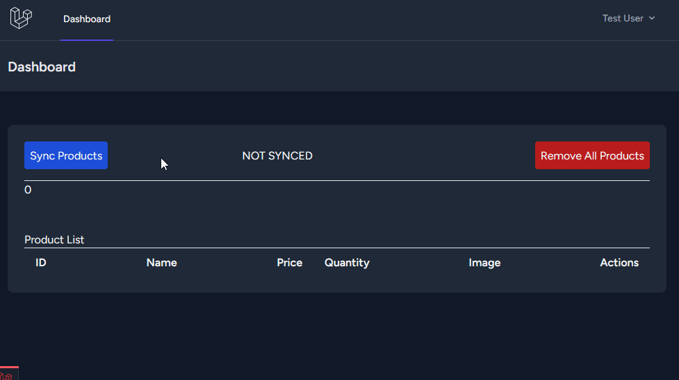Base Laravel Installation - Dashboard showing 'Sync Products' and 'Remove all products' buttons