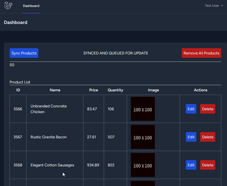 Dashboard showing a list of products imported via API